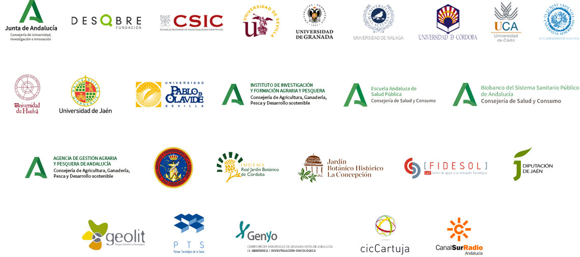 Imagen en formato móvil con los logotipos de las empreses e instituciones colaboradoras con Café con Ciencia.